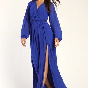 Lulu’s Wondrous Water Lilies Royal Blue Maxi Dress Size L